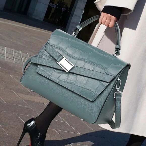 Fog Blue, Leather Satchel Crossbody Bag, Belt Flap Detail, NWOT - Picture 9 of 14